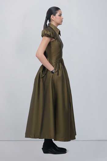 Leh Studios_Olive Green Viscose, Polyester Collared Neck Romee Dress _Online_at_Aza_Fashions
