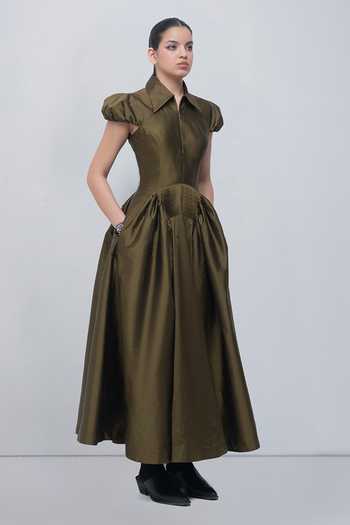 Buy_Leh Studios_Olive Green Viscose, Polyester Collared Neck Romee Dress _Online_at_Aza_Fashions