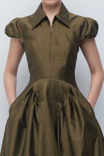 Shop_Leh Studios_Olive Green Viscose, Polyester Collared Neck Romee Dress _Online_at_Aza_Fashions