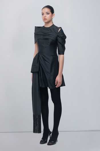 Leh Studios Black Taffeta Asymmetric Neck Amary Draped Dress at Aza Fashions Leh Studios_Black Taffeta Asymmetric Neck Amary Draped Dress _at_Aza_Fashions