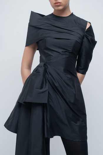 Buy Leh Studios Black Taffeta Asymmetric Neck Amary Draped Dress Buy_Leh Studios_Black Taffeta Asymmetric Neck Amary Draped Dress