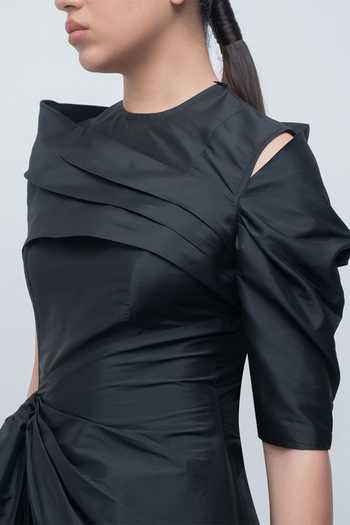 Shop Leh Studios Black Taffeta Asymmetric Neck Amary Draped Dress Shop_Leh Studios_Black Taffeta Asymmetric Neck Amary Draped Dress