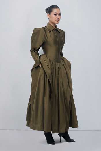 Leh Studios Olive Green Collared Neck Ece Dress Online at Aza Fashions Leh Studios_Olive Green Collared Neck Ece Dress _Online_at_Aza_Fashions