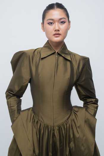 Buy Leh Studios Olive Green Collared Neck Ece Dress Online at Aza Fashions Buy_Leh Studios_Olive Green Collared Neck Ece Dress _Online_at_Aza_Fashions