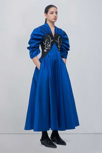 Leh Studios_Blue Viscose, Polyester V-neck Yaren Maxi Dress _Online_at_Aza_Fashions
