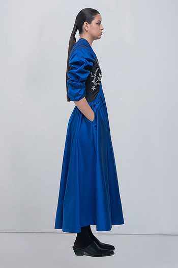 Buy_Leh Studios_Blue Viscose, Polyester V-neck Yaren Maxi Dress _Online_at_Aza_Fashions