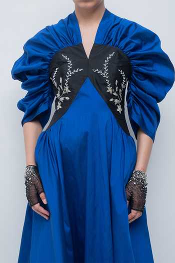 Leh Studios_Blue Viscose, Polyester V-neck Yaren Maxi Dress _at_Aza_Fashions