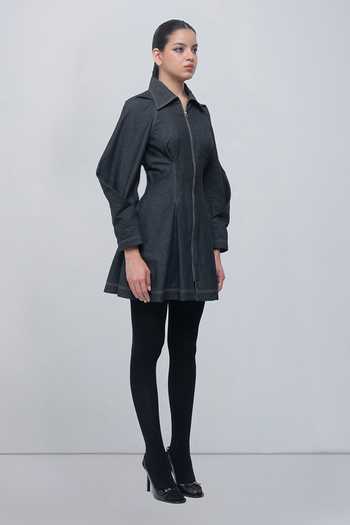 Leh Studios Charcoal Cotton Collared Neck Tess Short Dress Online at Aza Fashions Leh Studios_Charcoal Cotton Collared Neck Tess Short Dress _Online_at_Aza_Fashions