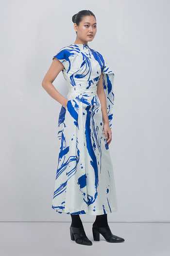 Leh Studios Blue Taffeta High Neck Shiori Draped Dress Online at Aza Fashions Leh Studios_Blue Taffeta High Neck Shiori Draped Dress _Online_at_Aza_Fashions