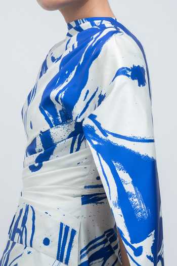 Shop Leh Studios Blue Taffeta High Neck Shiori Draped Dress Online at Aza Fashions Shop_Leh Studios_Blue Taffeta High Neck Shiori Draped Dress _Online_at_Aza_Fashions