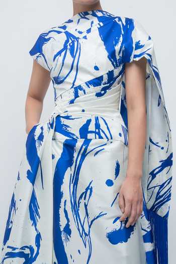 Leh Studios Blue Taffeta High Neck Shiori Draped Dress at Aza Fashions Leh Studios_Blue Taffeta High Neck Shiori Draped Dress _at_Aza_Fashions