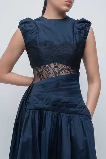Shop Leh Studios Black Taffeta Round Neck Anais Draped Dress Online at Aza Fashions Shop_Leh Studios_Black Taffeta Round Neck Anais Draped Dress _Online_at_Aza_Fashions