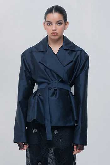 Leh Studios_Navy Shawl Neck Zelie Jacket _Online_at_Aza_Fashions