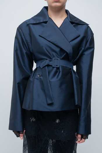 Leh Studios_Navy Shawl Neck Zelie Jacket _at_Aza_Fashions