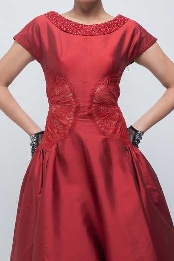Buy Leh Studios Red Viscose, Polyester, Taffeta Boat Neck Pauline Dress Online at Aza Fashions Buy_Leh Studios_Red Viscose, Polyester, Taffeta Boat Neck Pauline Dress _Online_at_Aza_Fashions