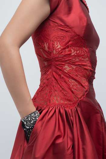 Leh Studios Red Viscose, Polyester, Taffeta Boat Neck Pauline Dress at Aza Fashions Leh Studios_Red Viscose, Polyester, Taffeta Boat Neck Pauline Dress _at_Aza_Fashions