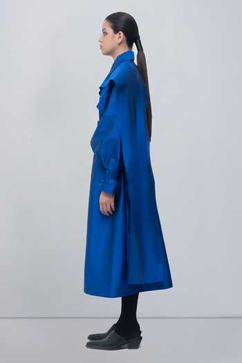 Leh Studios Blue Viscose, Polyester Collared Neck Cleo Trench Dress Online at Aza Fashions Leh Studios_Blue Viscose, Polyester Collared Neck Cleo Trench Dress _Online_at_Aza_Fashions