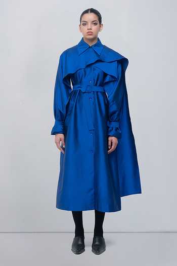 Shop Leh Studios Blue Viscose, Polyester Collared Neck Cleo Trench Dress Online at Aza Fashions Shop_Leh Studios_Blue Viscose, Polyester Collared Neck Cleo Trench Dress _Online_at_Aza_Fashions