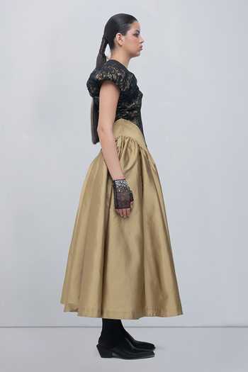 Leh Studios_Black Taffeta V-neck Lilith Flared Dress _Online_at_Aza_Fashions