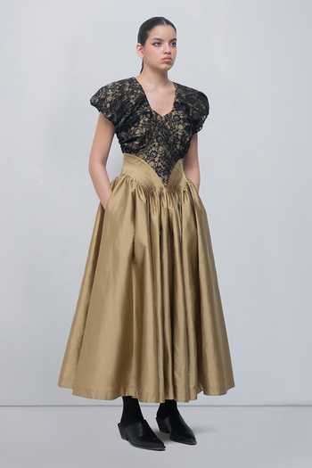 Buy_Leh Studios_Black Taffeta V-neck Lilith Flared Dress _Online_at_Aza_Fashions