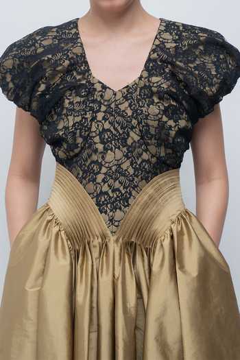 Shop_Leh Studios_Black Taffeta V-neck Lilith Flared Dress _Online_at_Aza_Fashions