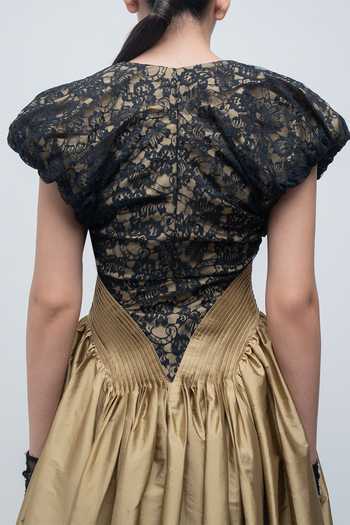 Leh Studios_Black Taffeta V-neck Lilith Flared Dress _at_Aza_Fashions