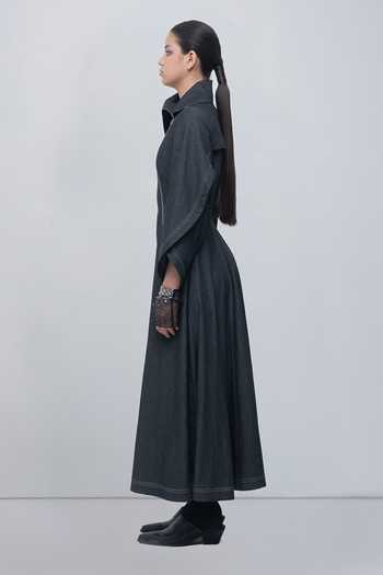 Leh Studios_Charcoal Cotton Shawl Neck Cen Maxi Dress _Online_at_Aza_Fashions