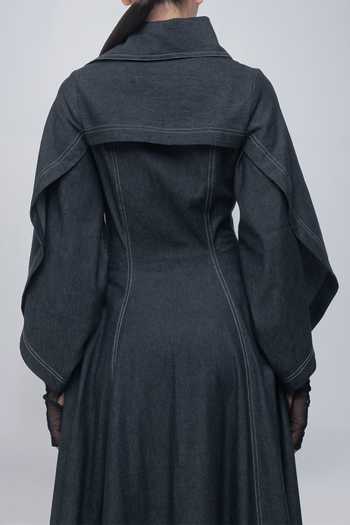 Shop_Leh Studios_Charcoal Cotton Shawl Neck Cen Maxi Dress _Online_at_Aza_Fashions