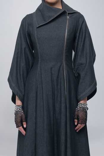 Leh Studios_Charcoal Cotton Shawl Neck Cen Maxi Dress _at_Aza_Fashions