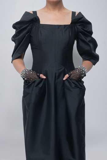 Buy Leh Studios Black Viscose, Polyester Square Neck Willie Draped Sleeve Dress Online at Aza Fashions Buy_Leh Studios_Black Viscose, Polyester Square Neck Willie Draped Sleeve Dress _Online_at_Aza_Fashions