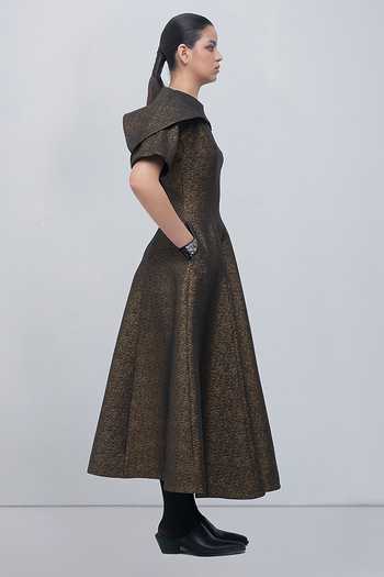 Leh Studios Gold Jacquard Shawl Neck Aria Flared Dress Online at Aza Fashions Leh Studios_Gold Jacquard Shawl Neck Aria Flared Dress _Online_at_Aza_Fashions