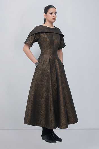 Buy Leh Studios Gold Jacquard Shawl Neck Aria Flared Dress Online at Aza Fashions Buy_Leh Studios_Gold Jacquard Shawl Neck Aria Flared Dress _Online_at_Aza_Fashions
