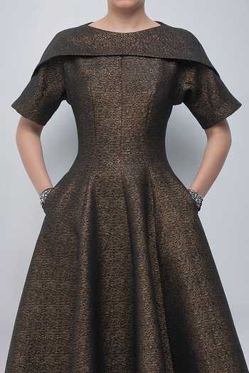 Shop Leh Studios Gold Jacquard Shawl Neck Aria Flared Dress Online at Aza Fashions Shop_Leh Studios_Gold Jacquard Shawl Neck Aria Flared Dress _Online_at_Aza_Fashions