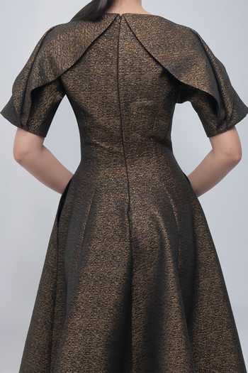 Leh Studios Gold Jacquard Shawl Neck Aria Flared Dress at Aza Fashions Leh Studios_Gold Jacquard Shawl Neck Aria Flared Dress _at_Aza_Fashions