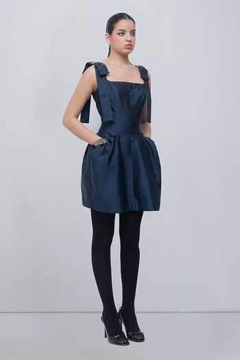 Leh Studios_Navy Viscose, Polyester Square Neck Drema Dress _Online_at_Aza_Fashions