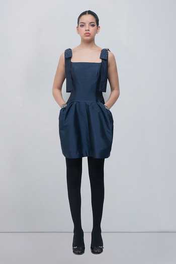 Shop_Leh Studios_Navy Viscose, Polyester Square Neck Drema Dress _Online_at_Aza_Fashions