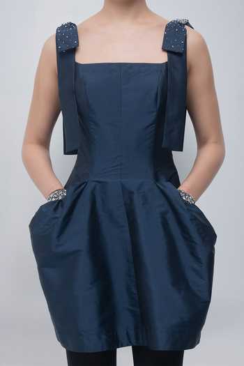 Leh Studios_Navy Viscose, Polyester Square Neck Drema Dress _at_Aza_Fashions