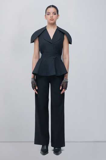 Leh Studios_Black Viscose, Polyester V-neck Daria Top _Online_at_Aza_Fashions