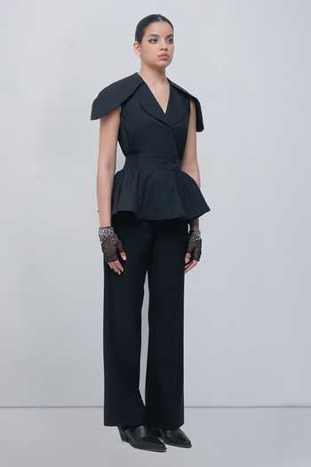 Buy_Leh Studios_Black Viscose, Polyester V-neck Daria Top _Online_at_Aza_Fashions