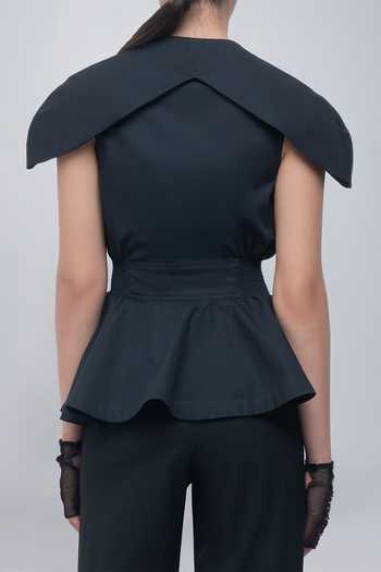 Shop_Leh Studios_Black Viscose, Polyester V-neck Daria Top _Online_at_Aza_Fashions