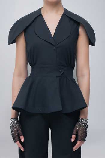 Leh Studios_Black Viscose, Polyester V-neck Daria Top _at_Aza_Fashions