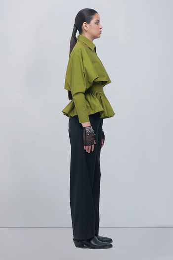 Leh Studios_Green Cotton Collared Neck Ninon Cape Top _Online_at_Aza_Fashions