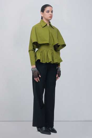 Buy_Leh Studios_Green Cotton Collared Neck Ninon Cape Top _Online_at_Aza_Fashions