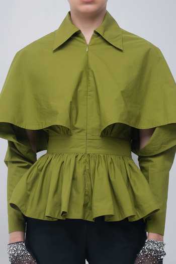 Leh Studios_Green Cotton Collared Neck Ninon Cape Top _at_Aza_Fashions