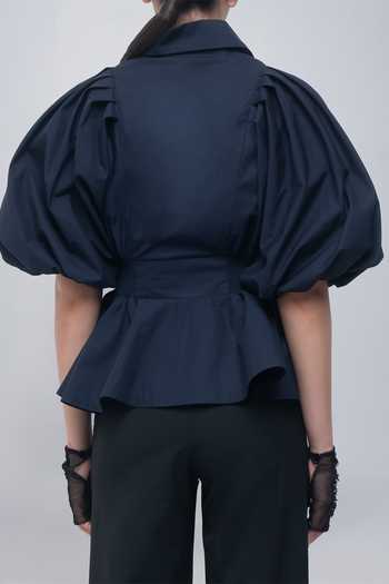 Leh Studios Navy Cotton Collared Neck Poppy Top at Aza Fashions Leh Studios_Navy Cotton Collared Neck Poppy Top _at_Aza_Fashions