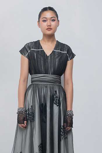 Leh Studios_Black Viscose, Polyester V-neck Evara Dress _Online_at_Aza_Fashions