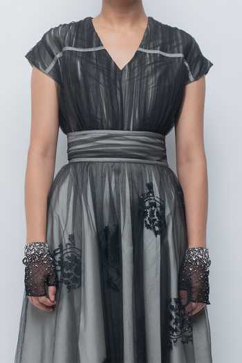 Buy_Leh Studios_Black Viscose, Polyester V-neck Evara Dress _Online_at_Aza_Fashions