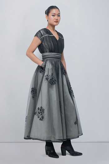 Shop_Leh Studios_Black Viscose, Polyester V-neck Evara Dress _Online_at_Aza_Fashions