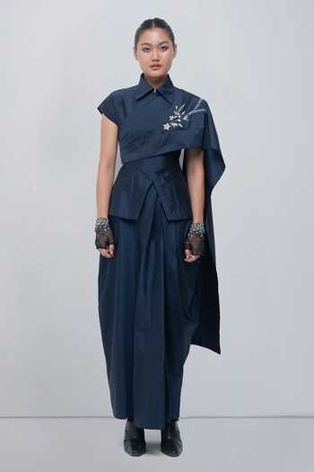 Leh Studios Navy Viscose, Polyester Collared Neck Fiona Top Online at Aza Fashions Leh Studios_Navy Viscose, Polyester Collared Neck Fiona Top _Online_at_Aza_Fashions
