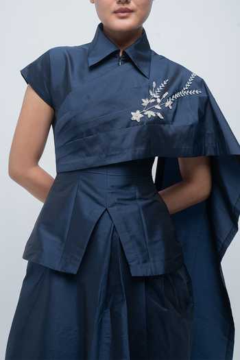 Leh Studios Navy Viscose, Polyester Collared Neck Fiona Top at Aza Fashions Leh Studios_Navy Viscose, Polyester Collared Neck Fiona Top _at_Aza_Fashions